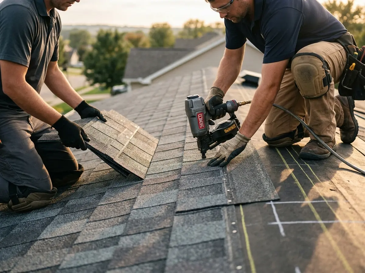 Professional roofer working on a residential roof in East Niles
